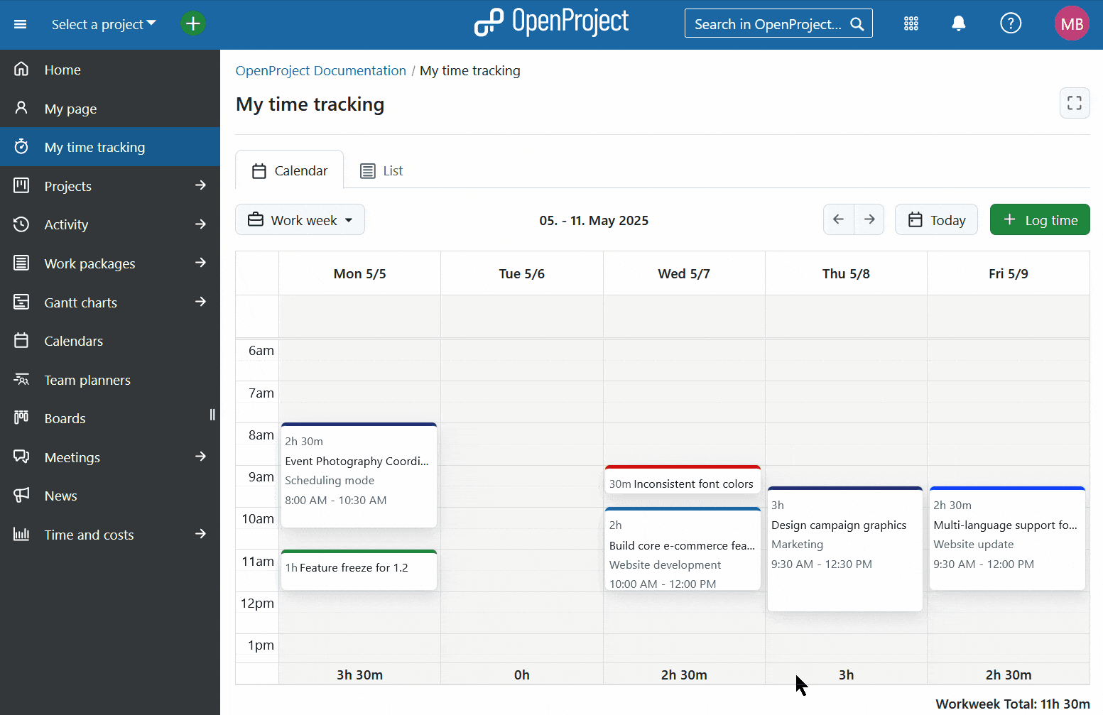 Log time on My time tracking page