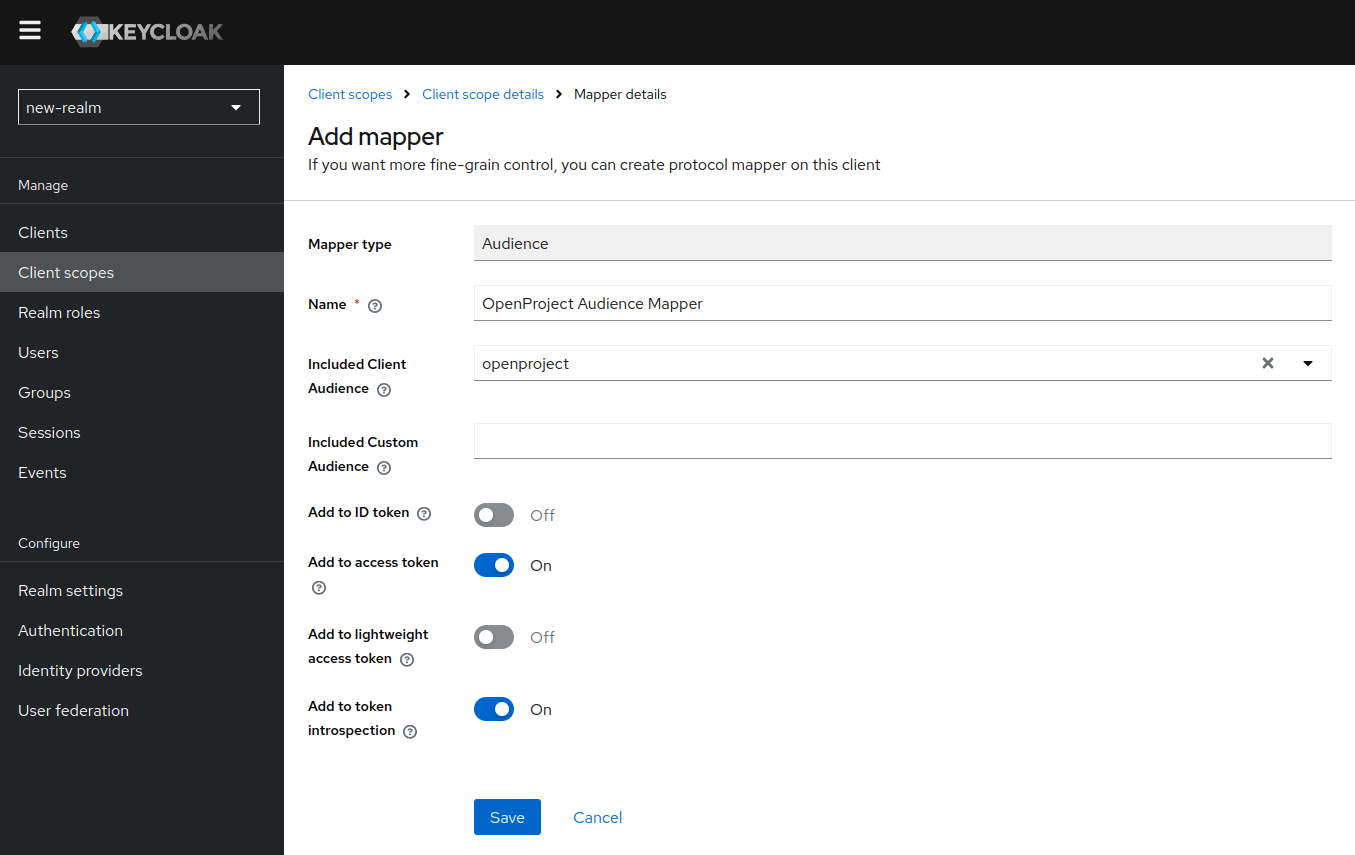 A configured audience mapper for including openproject as audience in a token