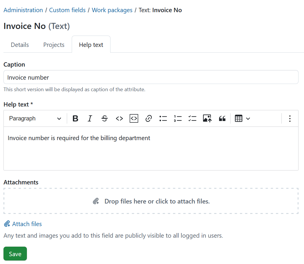 Work package custom field detailed view, showing Help text tab in OpenProject administration