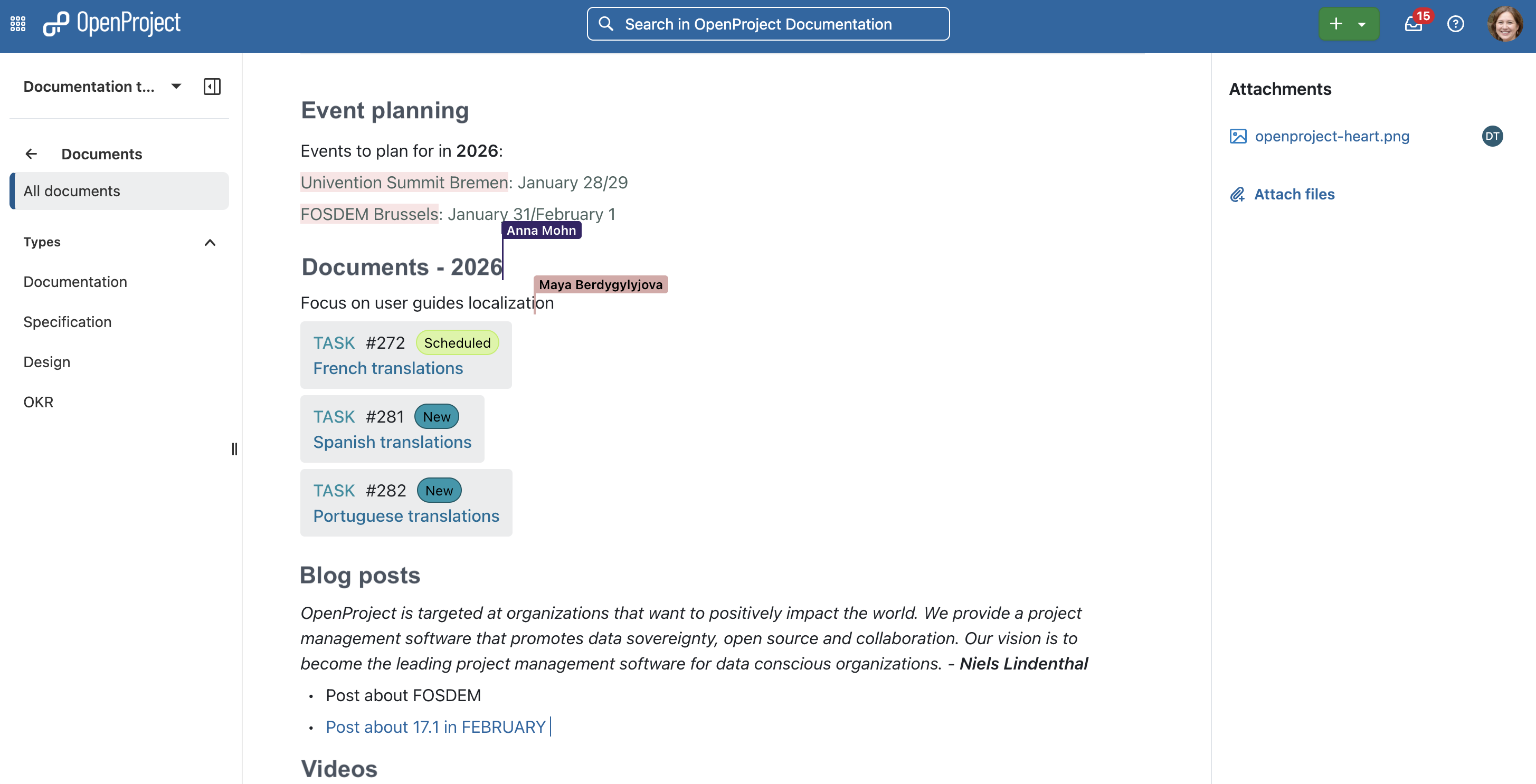 Real time collaboration on a shared team document in OpenProject