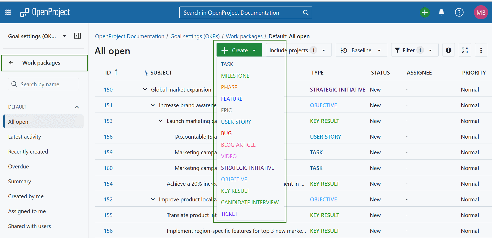 Create button to create a new work package in OpenProject