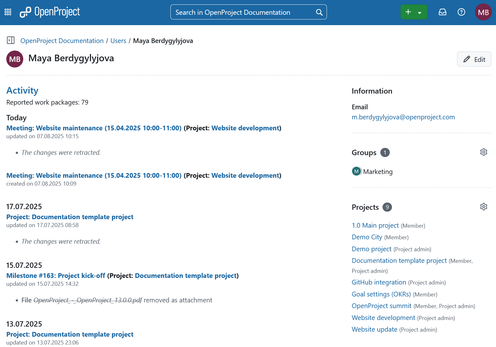 My activity page
