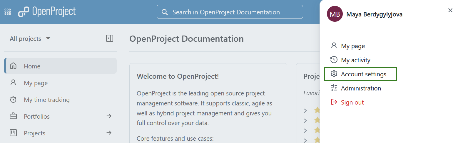 Overlay menu showing a link to user account settings in OpenProject