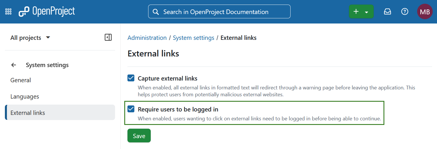 Seite der OpenProject-Administrationseinstellungen für externe Links mit der aktivierten Option, dass Benutzer eingeloggt sein müssen, bevor sie externen Links folgen