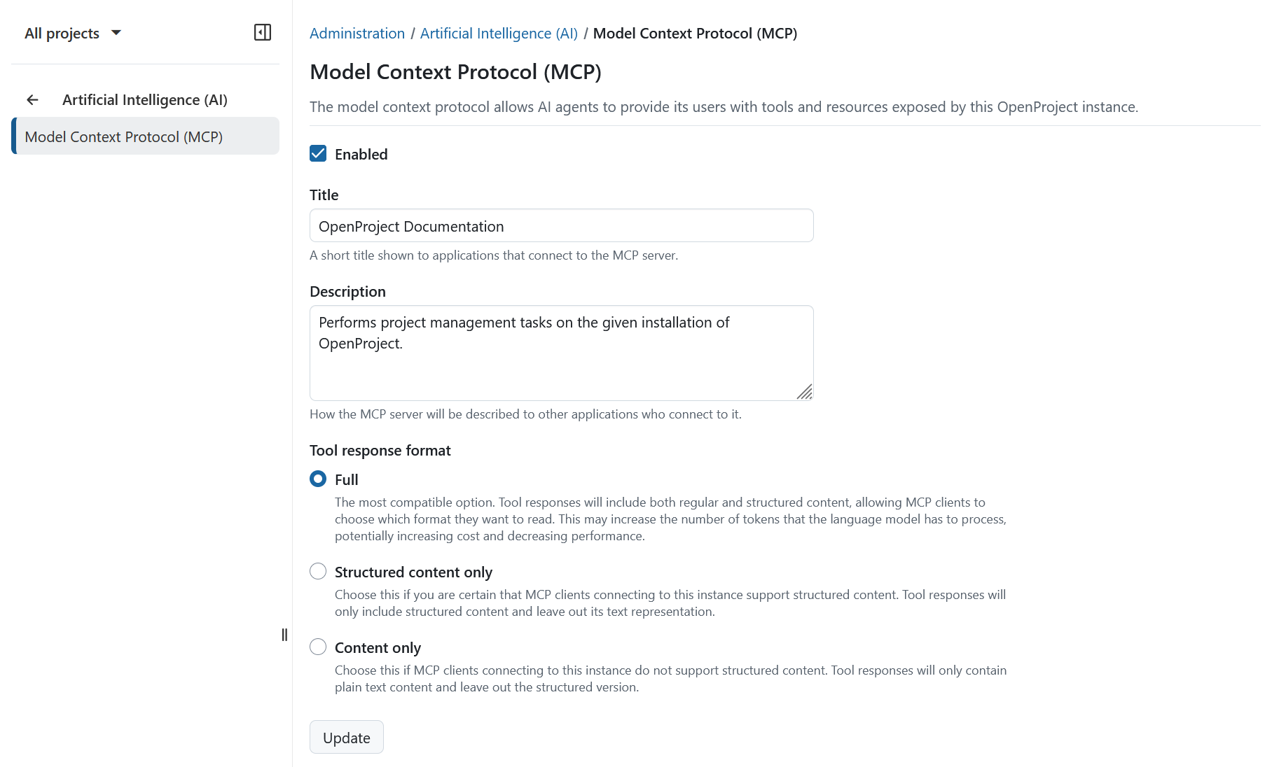 Model context protocol (MCP) settings under OpenProject administration