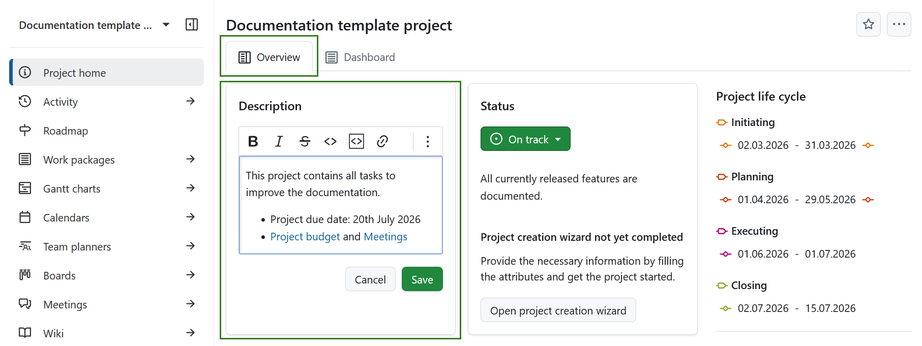 OpenProject Projektübersichtsseite, auf der das Widget für die Projektbeschreibung mit Formatierungsoptionen und einer Schaltfläche zum Speichern direkt bearbeitet wird
