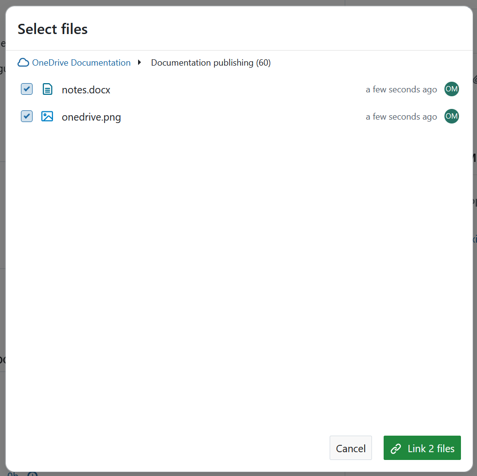 Select files to link to an OpenProject work package from a OneDrive file storage