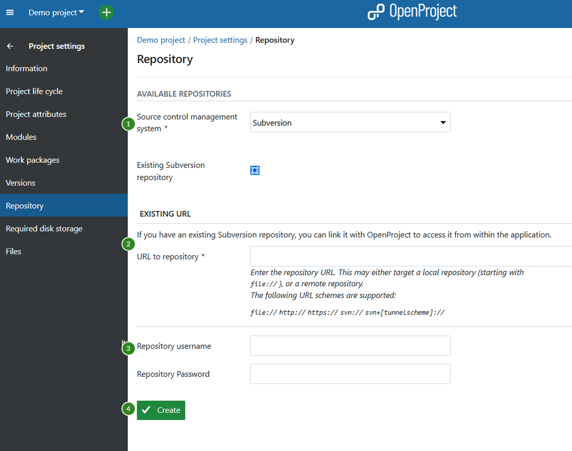 Repository settings under project settings in OpenProject