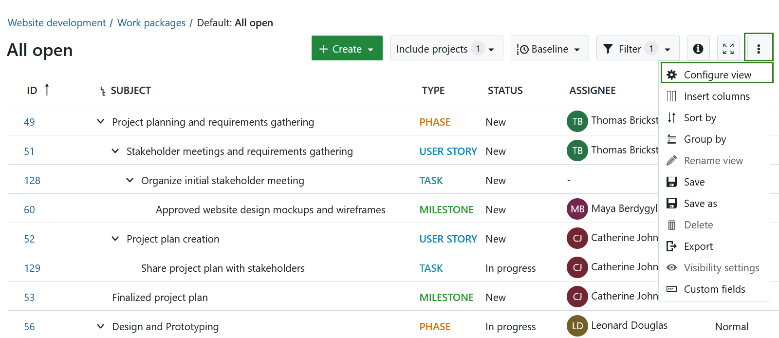 Option to configure work package table view in work packages table settings dropdown menu