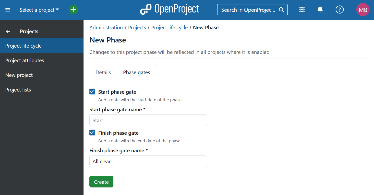 Add phase gates under project life cycle settings in OpenProject administration